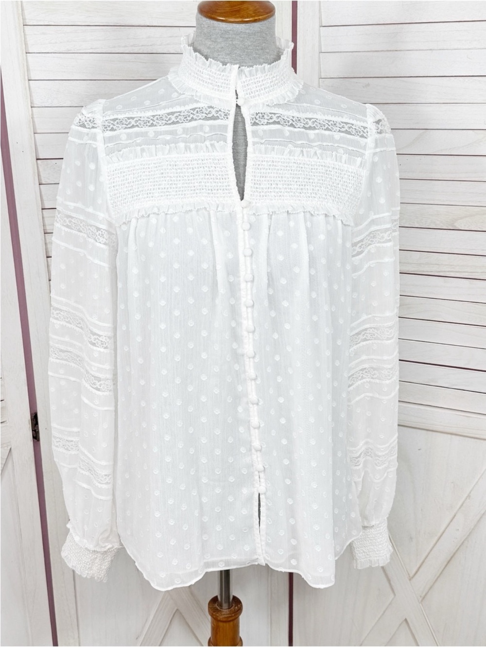 WHBM Swiss Dot Smocked Lace Blouse White Small Button Up Cottagecore Poet